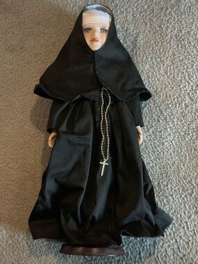 Porcelain Nun Doll with Black Habit and Cross Necklace